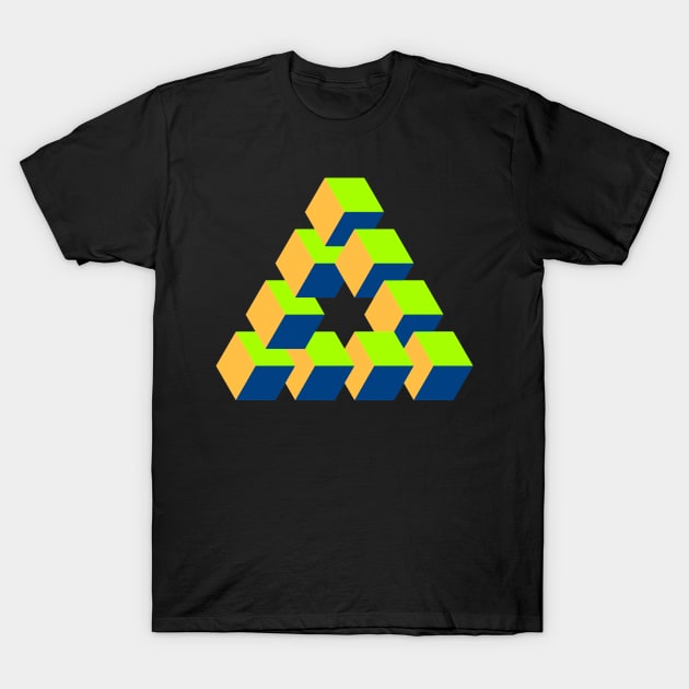 Cubes Optical Illusion in Green, Orange and Blue T-Shirt by Hot-Proper-Tees